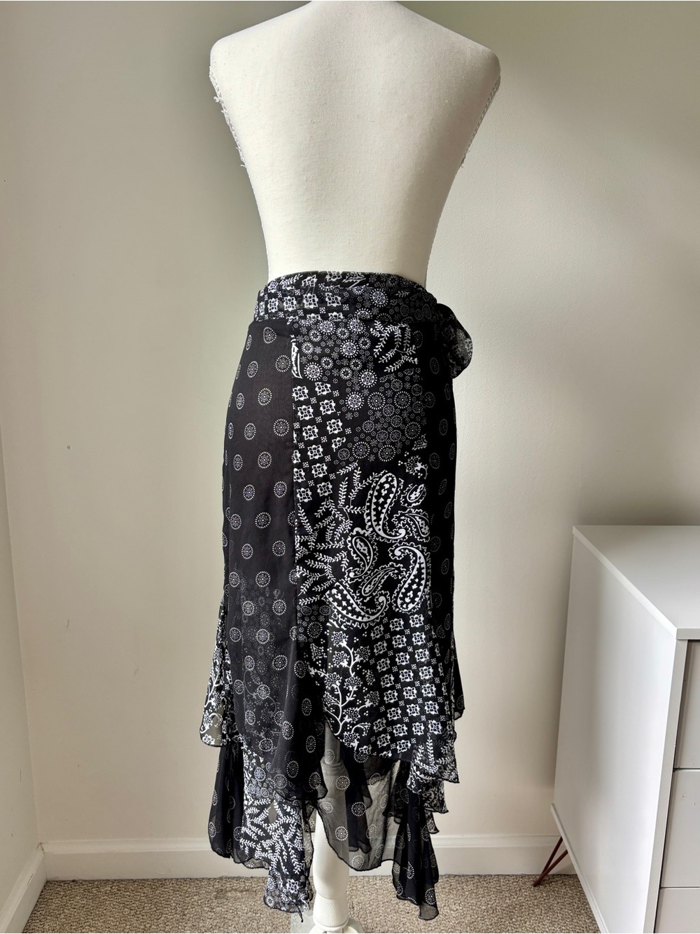 Black and White Paisley Two Layer Bohemian Maxi Wrap Skirt - Picture 5 of 10